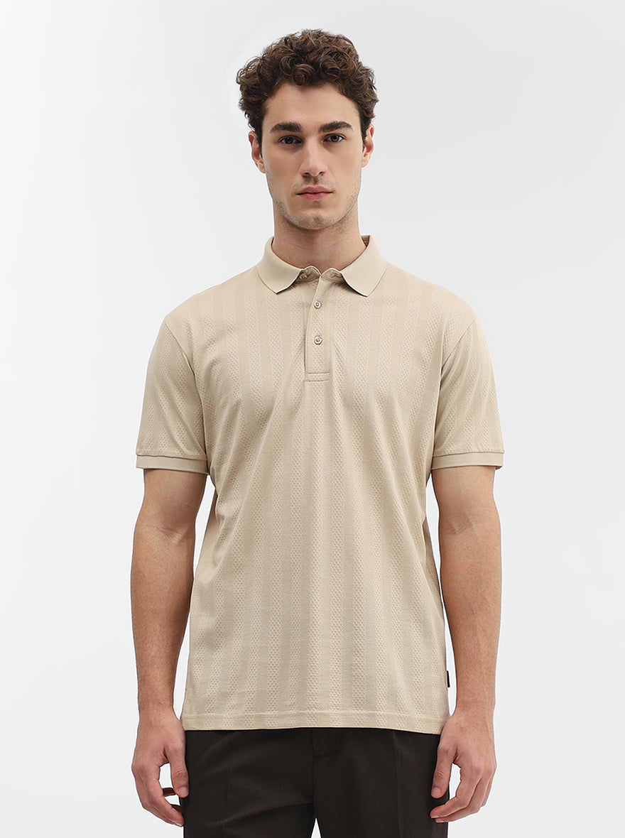 Beige Jaquard Slim Fit Polo T-Shirt | JadeBlue