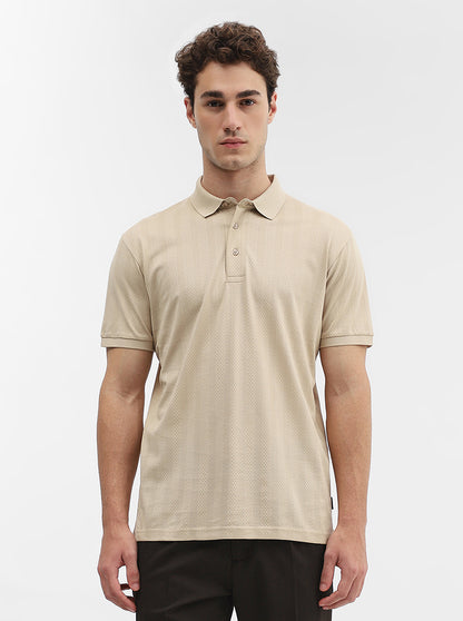 Beige Jaquard Slim Fit Polo T-Shirt | JadeBlue