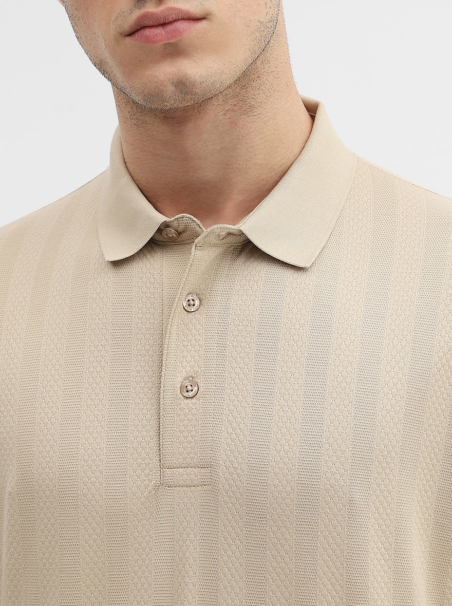 Beige Jaquard Slim Fit Polo T-Shirt | JadeBlue