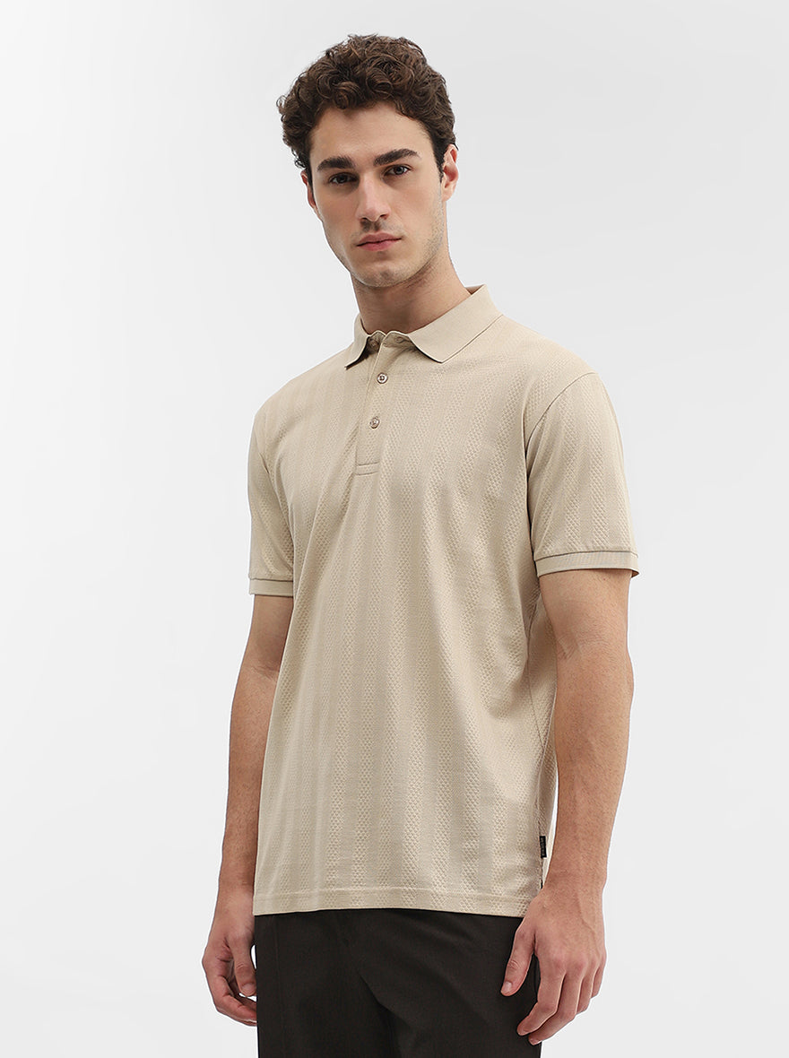 Beige Jaquard Slim Fit Polo T-Shirt | JadeBlue