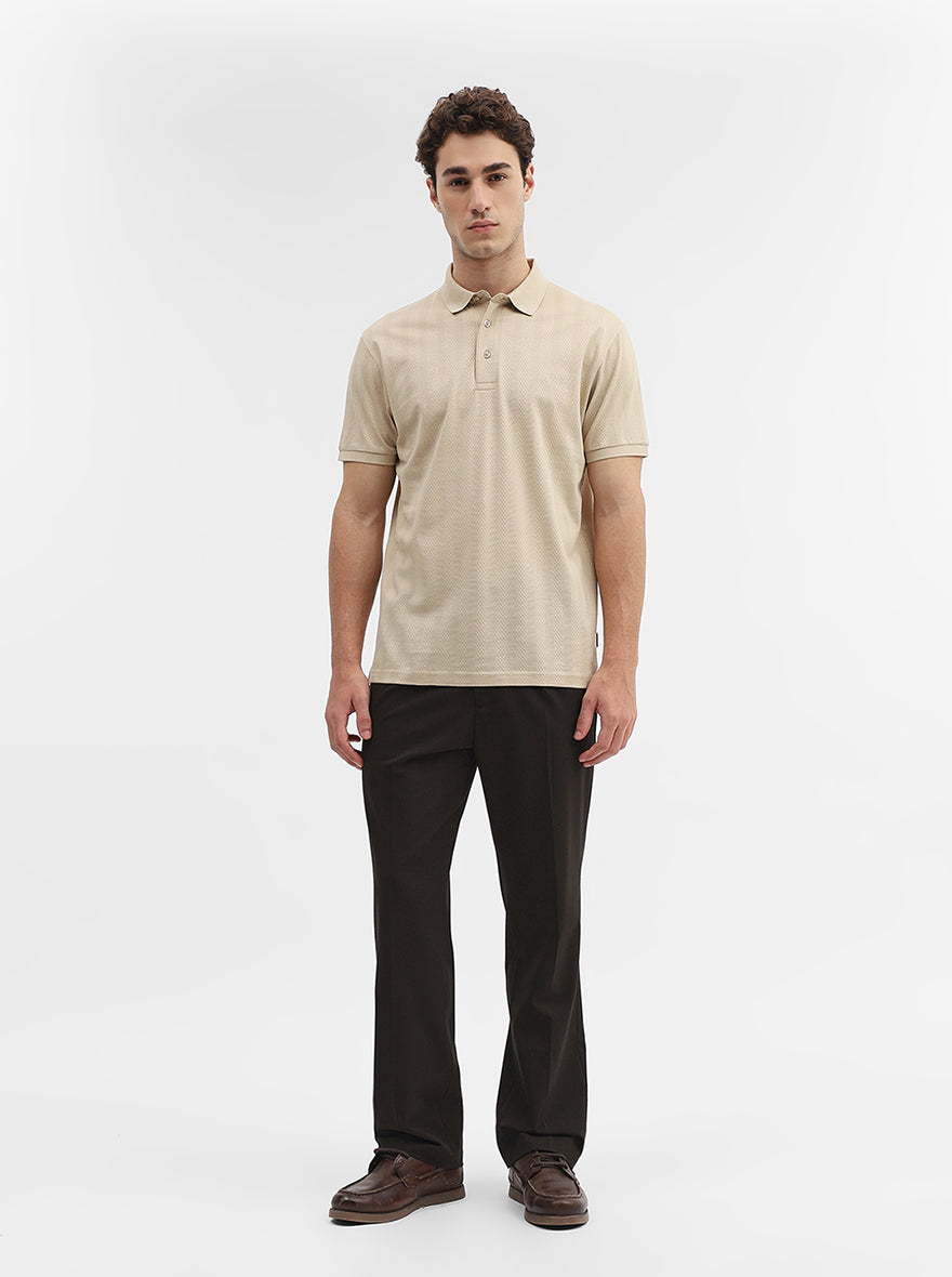 Beige Jaquard Slim Fit Polo T-Shirt | JadeBlue