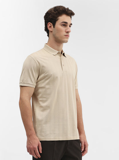 Beige Jaquard Slim Fit Polo T-Shirt | JadeBlue
