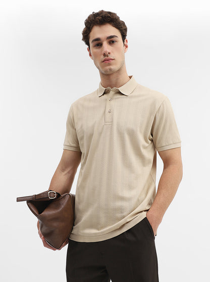 Beige Jaquard Slim Fit Polo T-Shirt | JadeBlue