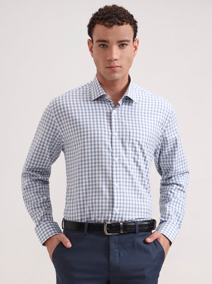 White & Blue Checked Regular Fit Formal Shirt | JadeBlue
