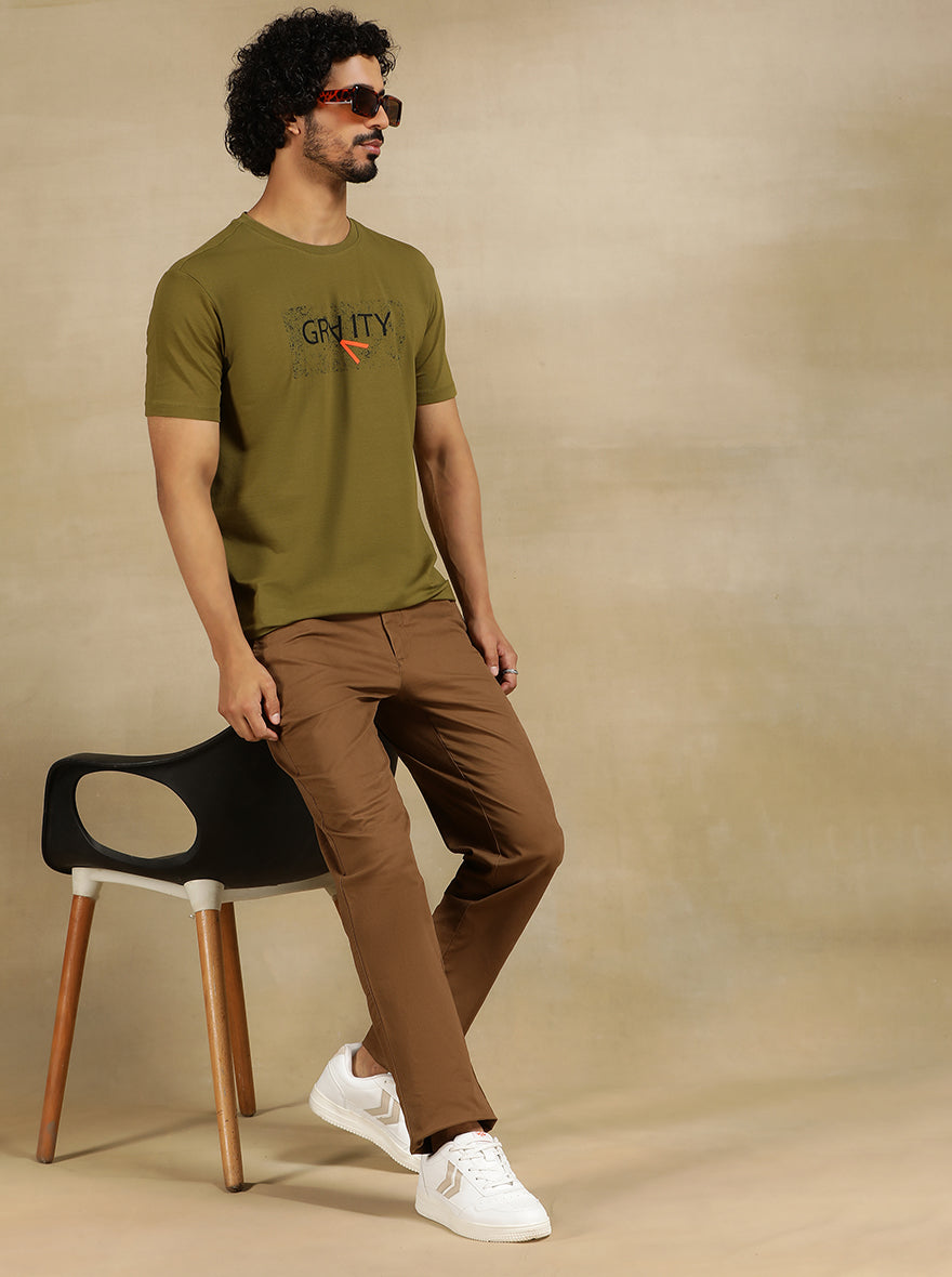 Olive Green Printed Slim Fit T-Shirt | JadeBlue