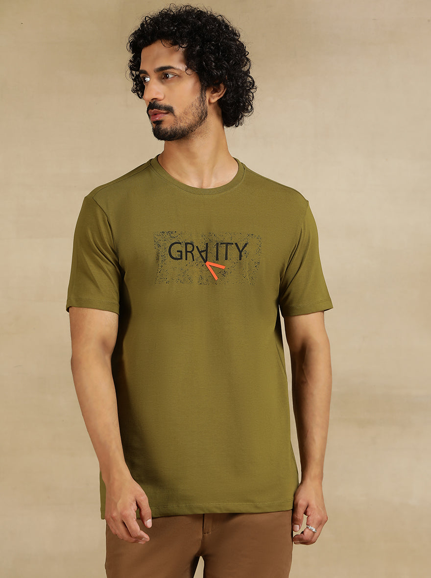 Olive Green Printed Slim Fit T-Shirt | JadeBlue