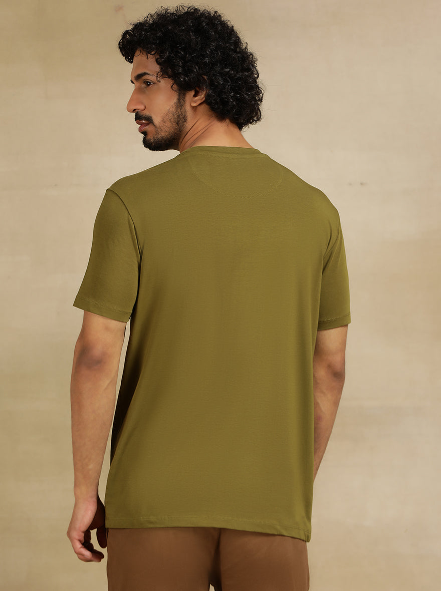 Olive Green Printed Slim Fit T-Shirt | JadeBlue