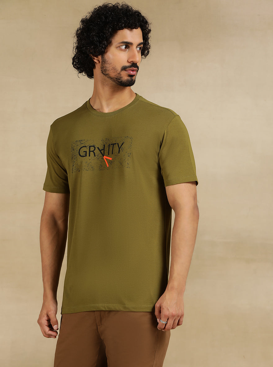 Olive Green Printed Slim Fit T-Shirt | JadeBlue