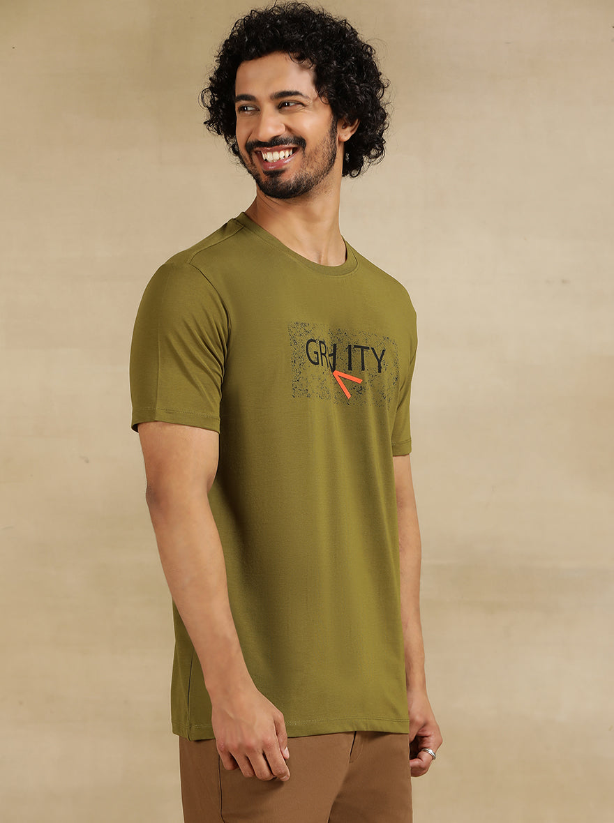 Olive Green Printed Slim Fit T-Shirt | JadeBlue