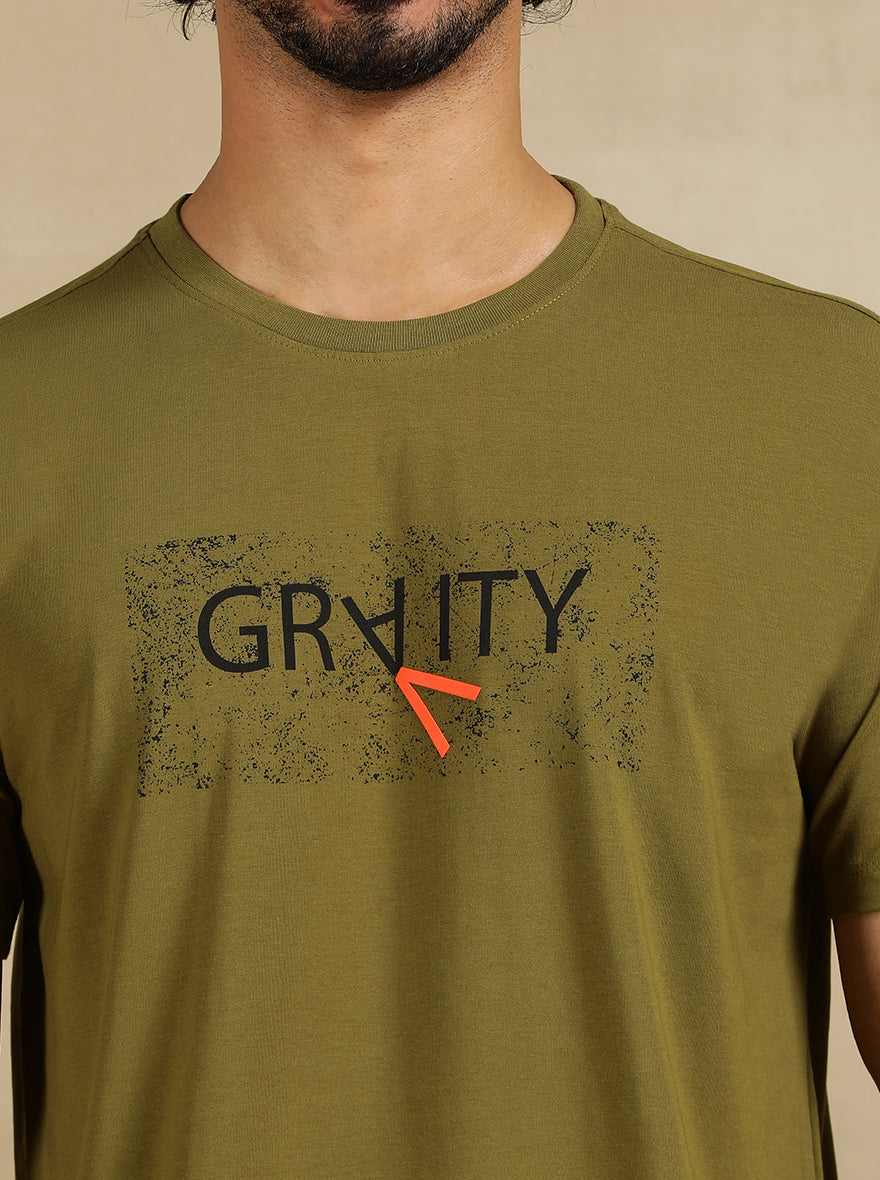 Olive Green Printed Slim Fit T-Shirt | JadeBlue
