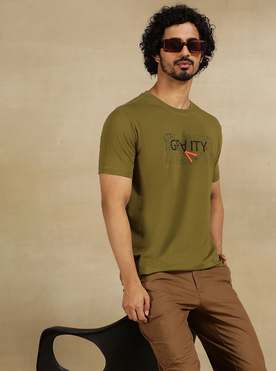 Olive Green Printed Slim Fit T-Shirt | JadeBlue