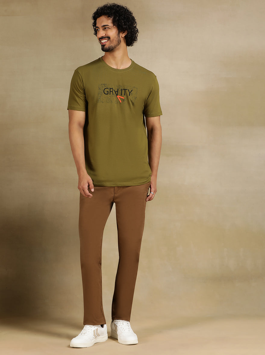 Olive Green Printed Slim Fit T-Shirt | JadeBlue