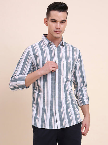 Dark Green Striped Slim Fit Casual Shirt | Greenfibre