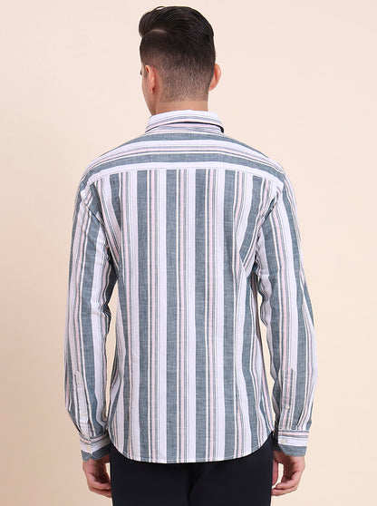 Dark Green Striped Slim Fit Casual Shirt | Greenfibre