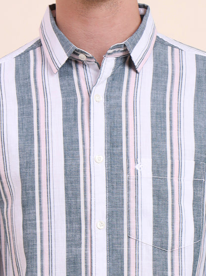 Dark Green Striped Slim Fit Casual Shirt | Greenfibre