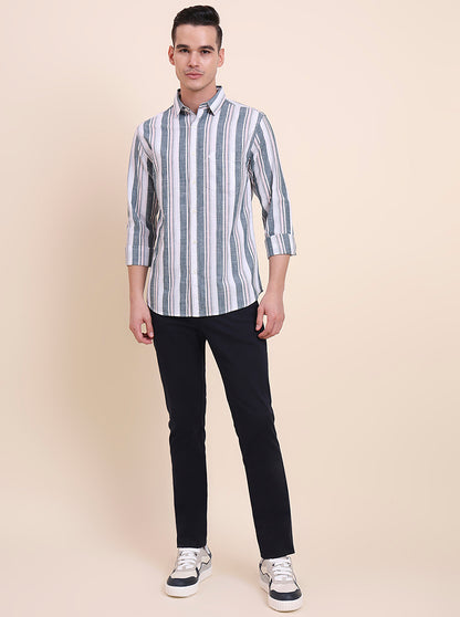 Dark Green Striped Slim Fit Casual Shirt | Greenfibre