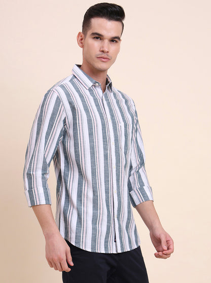 Dark Green Striped Slim Fit Casual Shirt | Greenfibre