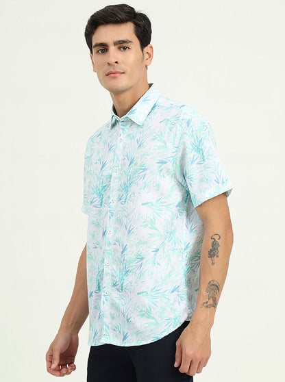 Turquoise Green Printed Slim Fit Casual Shirt | Greenfibre