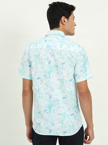 Turquoise Green Printed Slim Fit Casual Shirt | Greenfibre