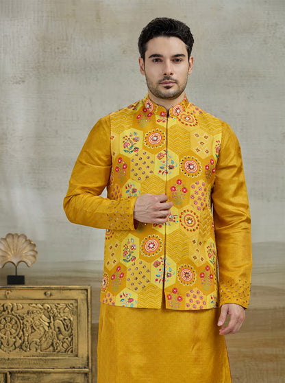 Mustard Printed Kurta Pajama with Koti | TULA