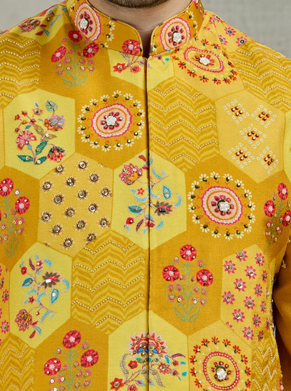 Mustard Printed Kurta Pajama with Koti | TULA