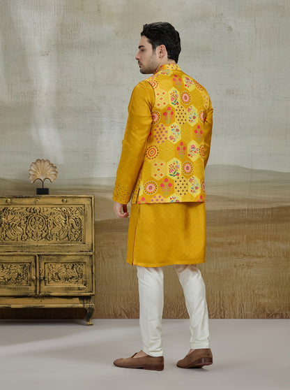 Mustard Printed Kurta Pajama with Koti | TULA