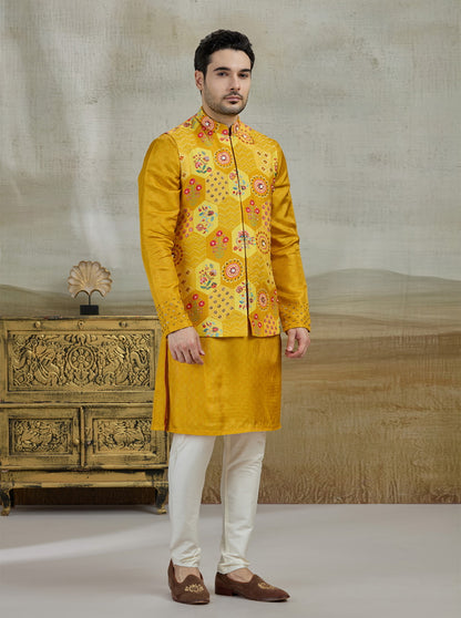 Mustard Printed Kurta Pajama with Koti | TULA