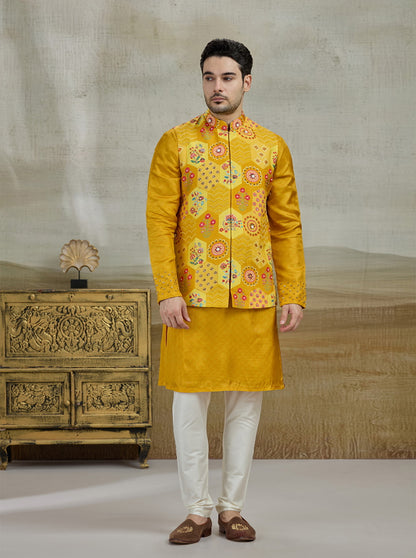 Mustard Printed Kurta Pajama with Koti | TULA