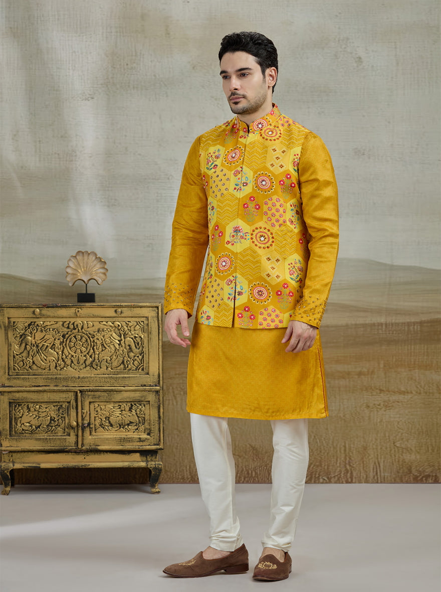 Mustard Printed Kurta Pajama with Koti | TULA