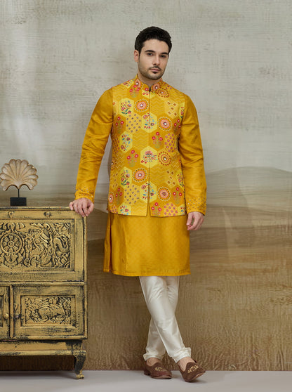 Mustard Printed Kurta Pajama with Koti | TULA