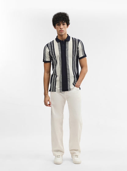 Off White & Navy Blue Striped Slim Fit Polo T-Shirt | Greenfibre