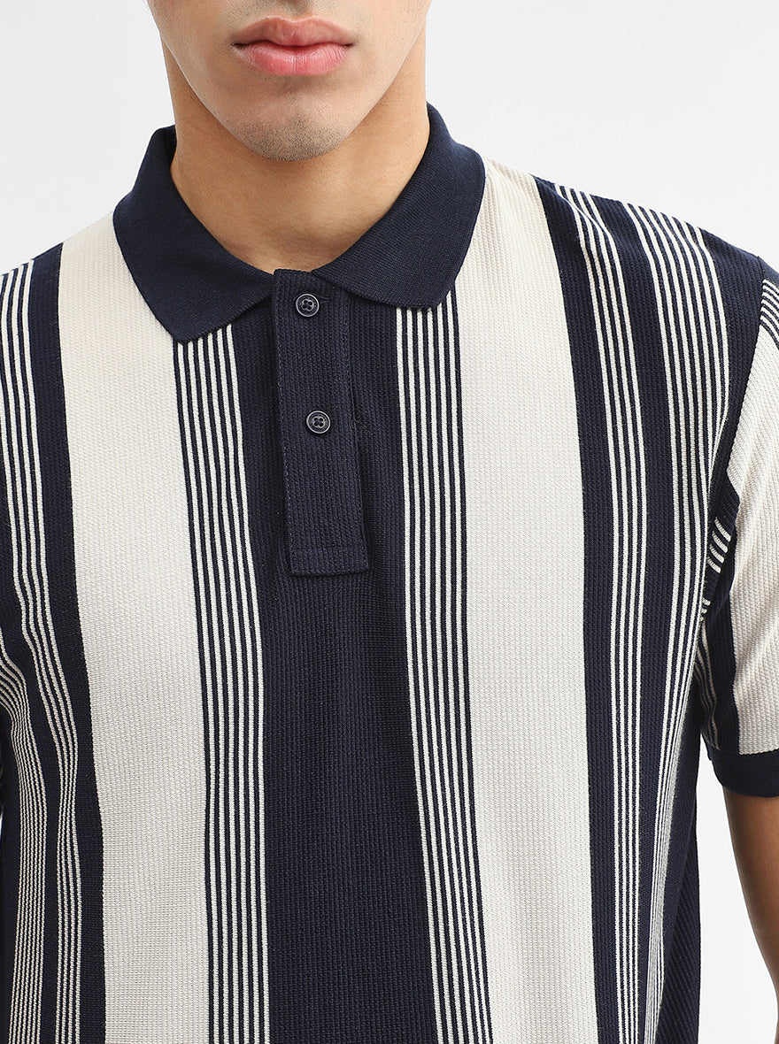 Off White & Navy Blue Striped Slim Fit Polo T-Shirt | Greenfibre