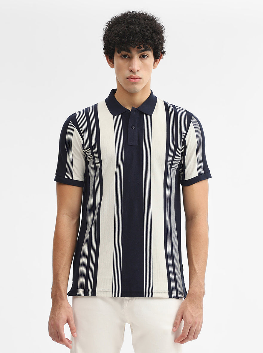 Off White & Navy Blue Striped Slim Fit Polo T-Shirt | Greenfibre