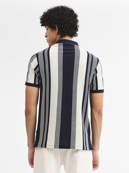 Off White & Navy Blue Striped Slim Fit Polo T-Shirt | Greenfibre