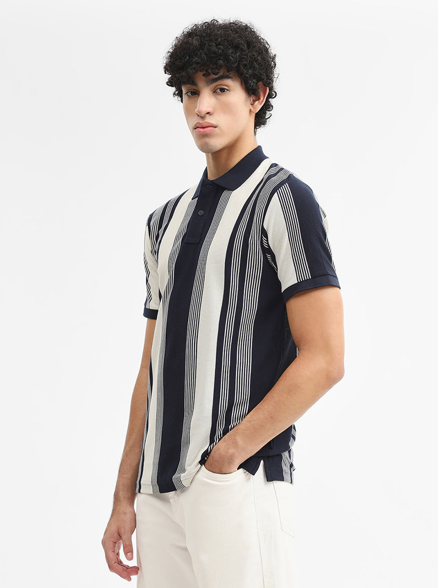 Off White & Navy Blue Striped Slim Fit Polo T-Shirt | Greenfibre