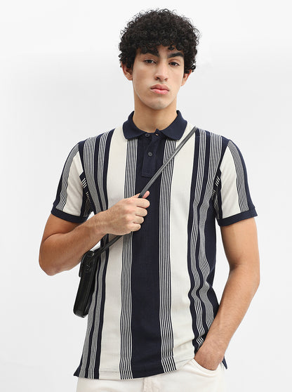 Off White & Navy Blue Striped Slim Fit Polo T-Shirt | Greenfibre