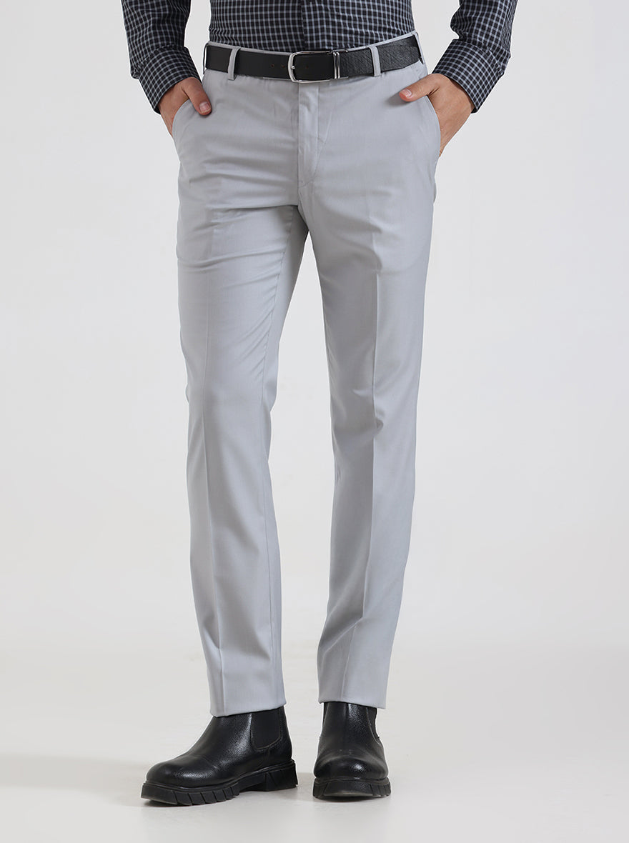 Light Grey Solid Slim Fit Formal Trouser | Metal
