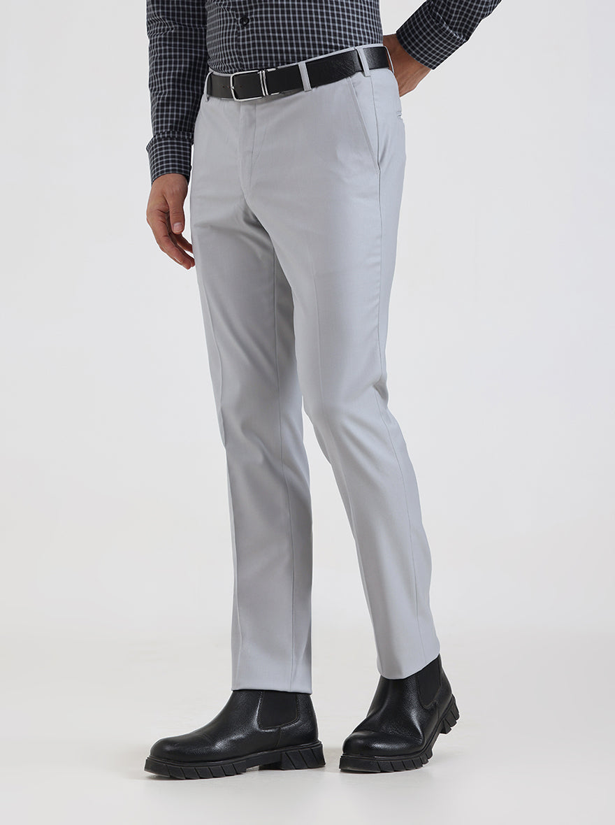 Light Grey Solid Slim Fit Formal Trouser | Metal