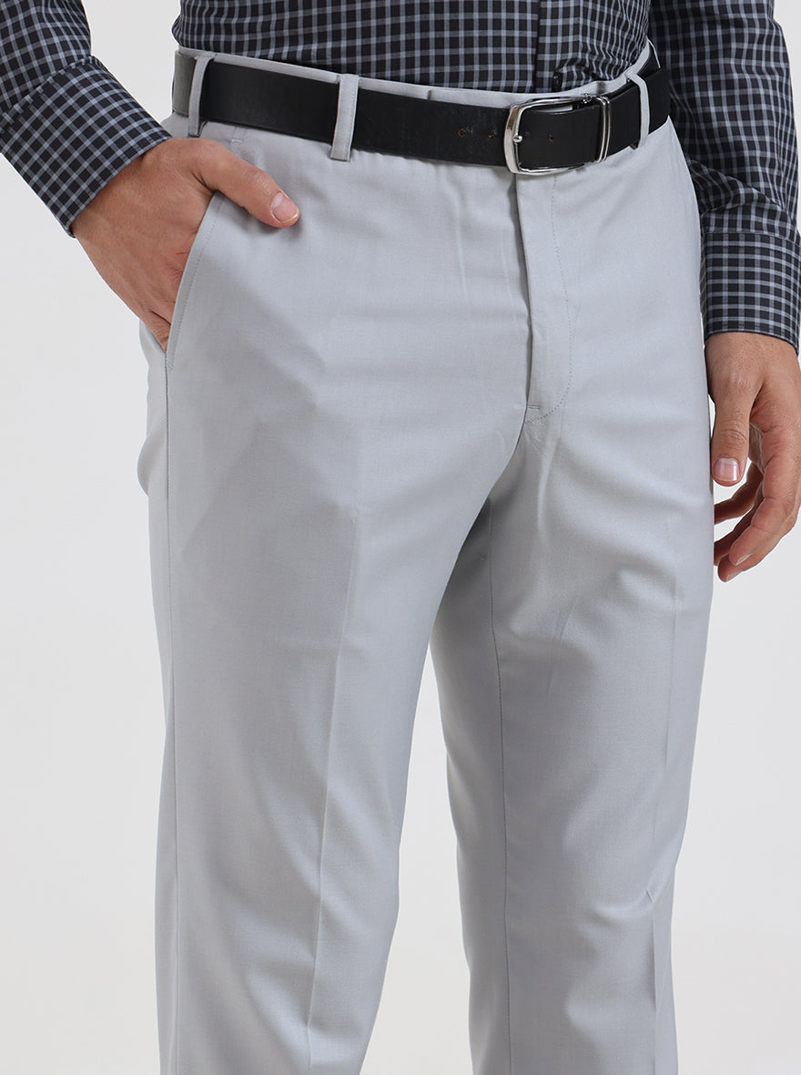 Light Grey Solid Slim Fit Formal Trouser | Metal