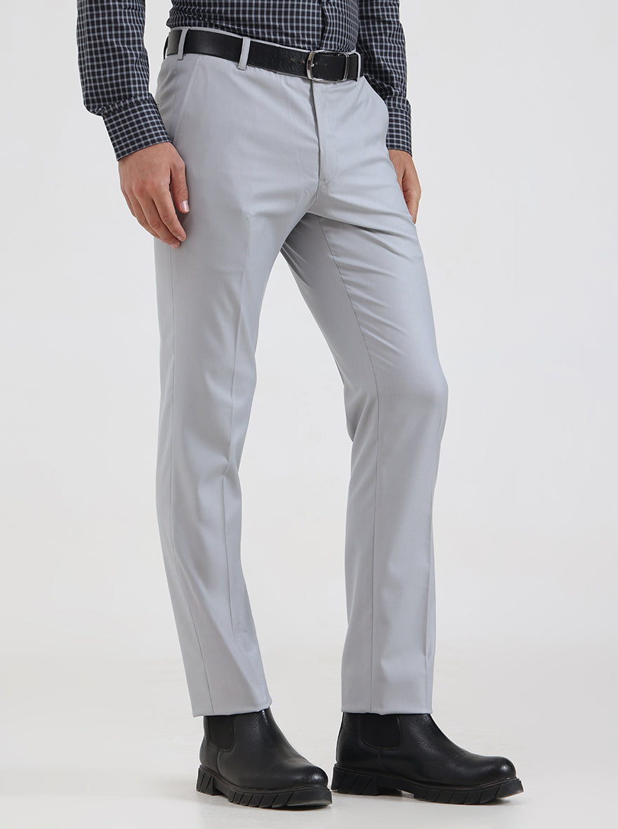 Light Grey Solid Slim Fit Formal Trouser | Metal