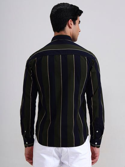 Olive Green Striped Slim Fit Casual Shirt | Greenfibre