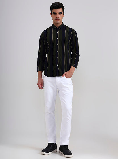 Olive Green Striped Slim Fit Casual Shirt | Greenfibre