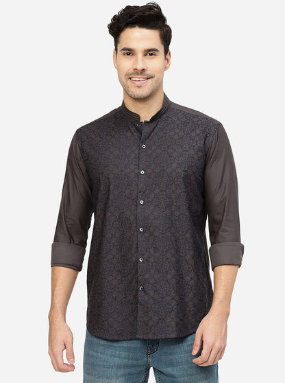 Grey & Blue Printed Slim Fit Party Wear Shirt | JB Studio
