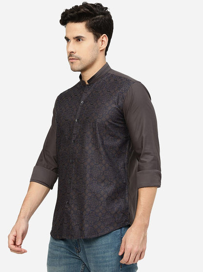 Grey & Blue Printed Slim Fit Party Wear Shirt | JB Studio