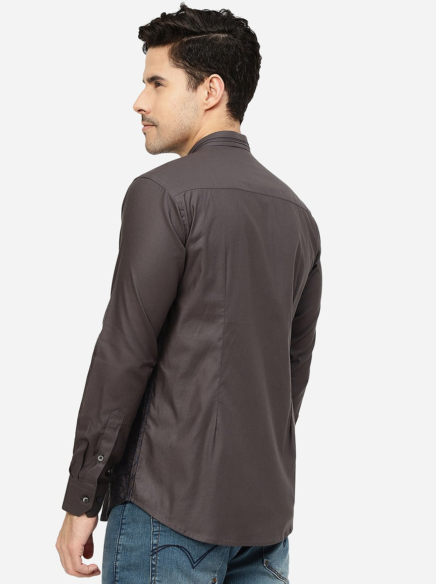 Grey & Blue Printed Slim Fit Party Wear Shirt | JB Studio