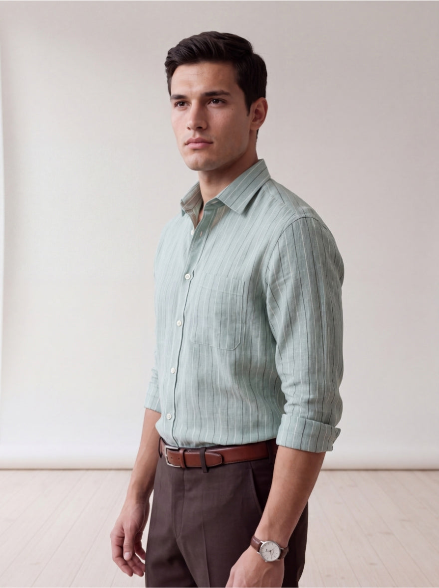 Pista Green Striped Slim Fit Formal Shirt | JadeBlue
