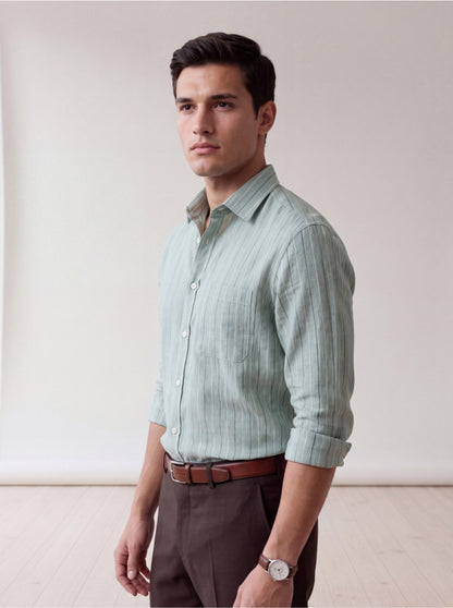 Pista Green Striped Slim Fit Formal Shirt | JadeBlue