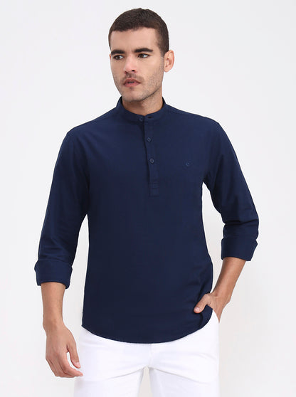 Navy Blue Solid Slim Fit Casual Shirt | Greenfibre
