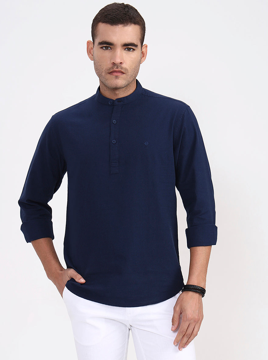 Navy Blue Solid Slim Fit Casual Shirt | Greenfibre