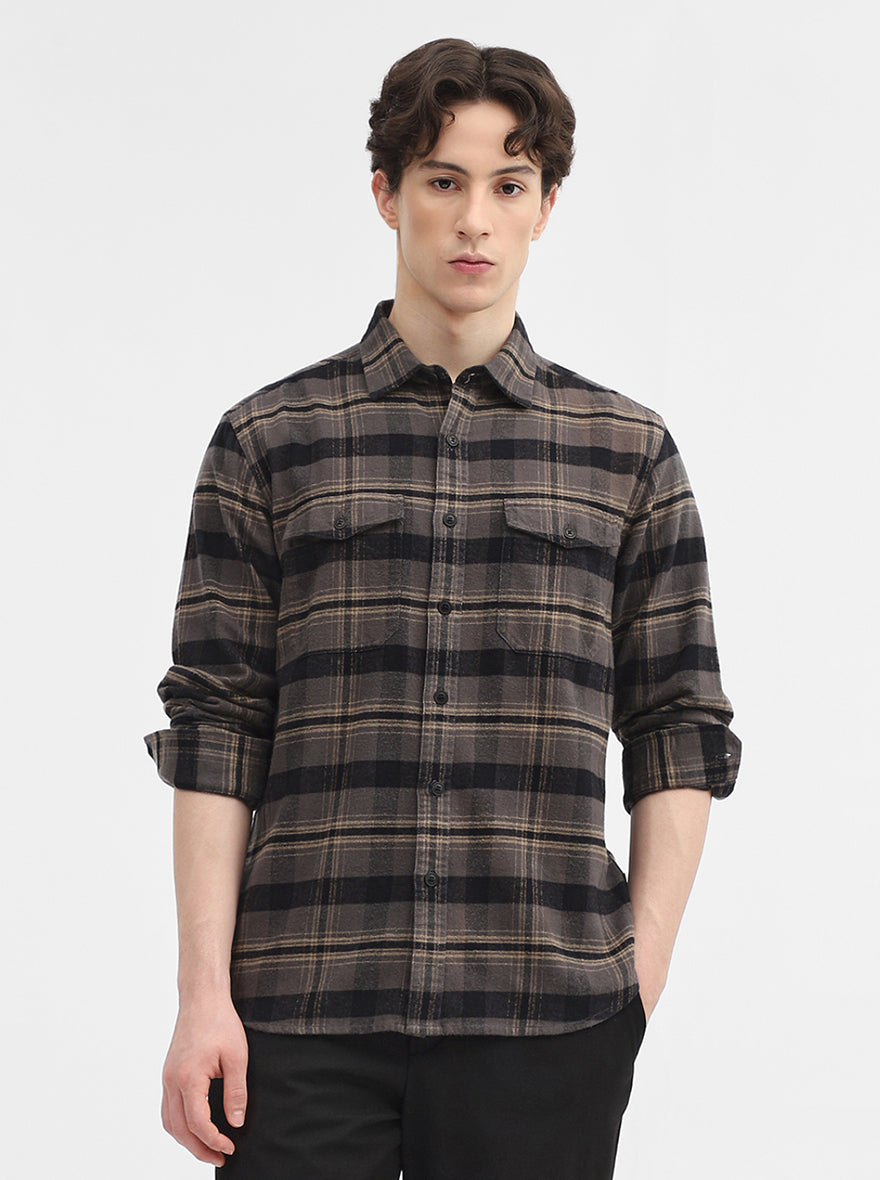 Dark Grey Checked Slim Fit Casual Shirt | Greenfibre